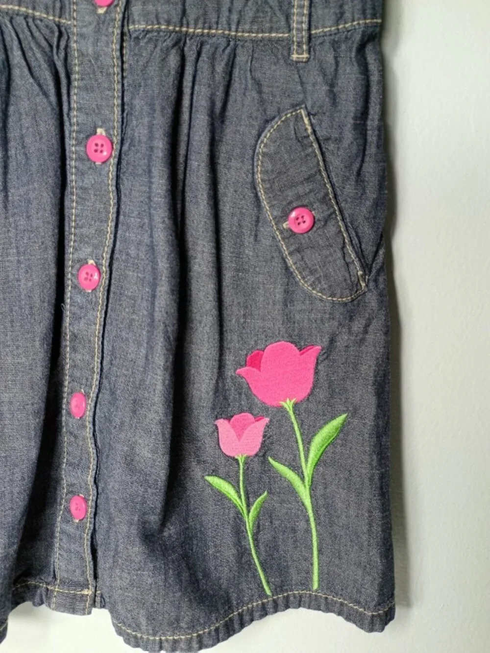 Gymboree Embroidered Floral Chambray Denim Dress Girls 5 Pockets Tulips No Belt